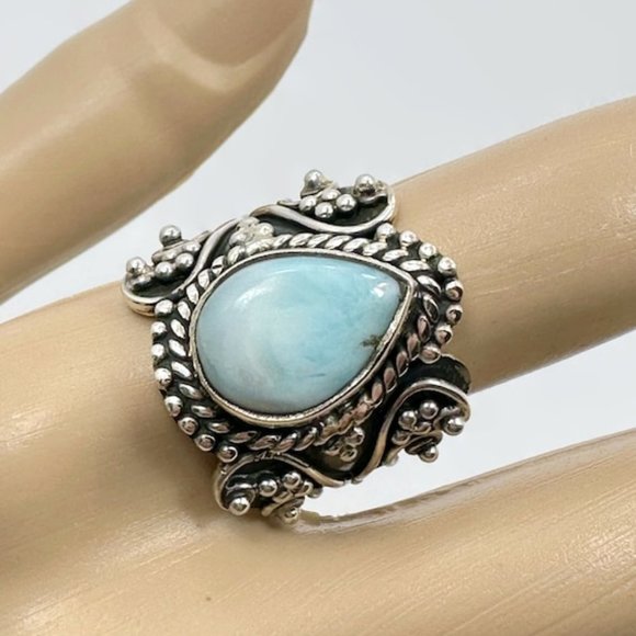 Larimar Ring, Blue Stone, Sterling Silver, Vintage Ring, Bali Style, Size 7 1/2